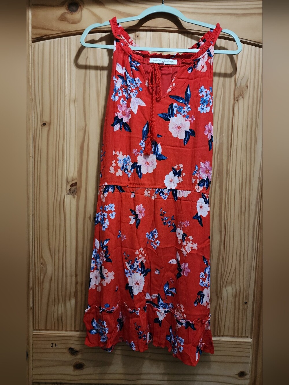 Cupcake and Cashmere crepe coral red floral ruffled tassel tie sun dress size L